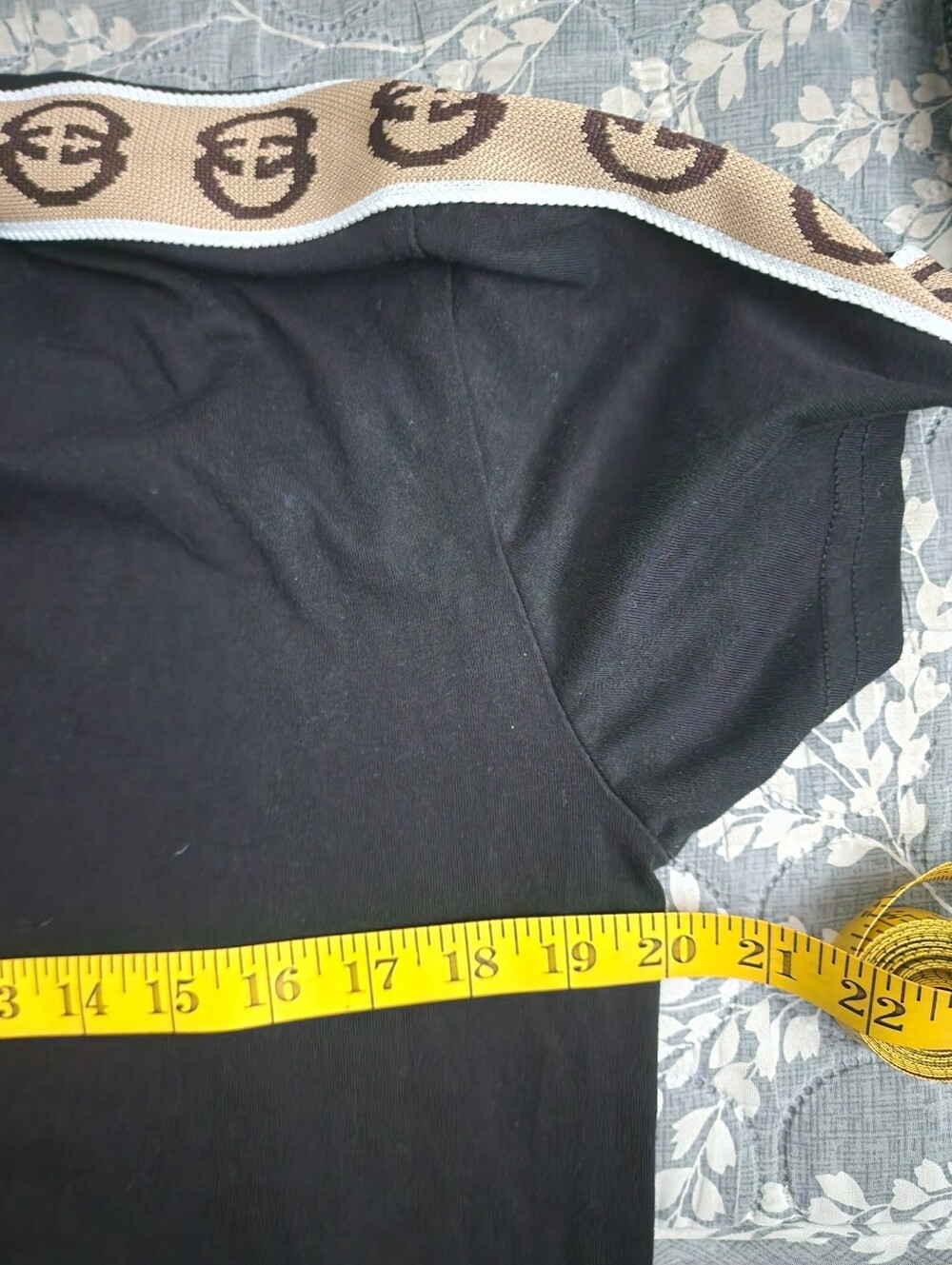 Black Short Sleeve Tee with Beige Logo Shoulder Tape - Picture 8 of 9